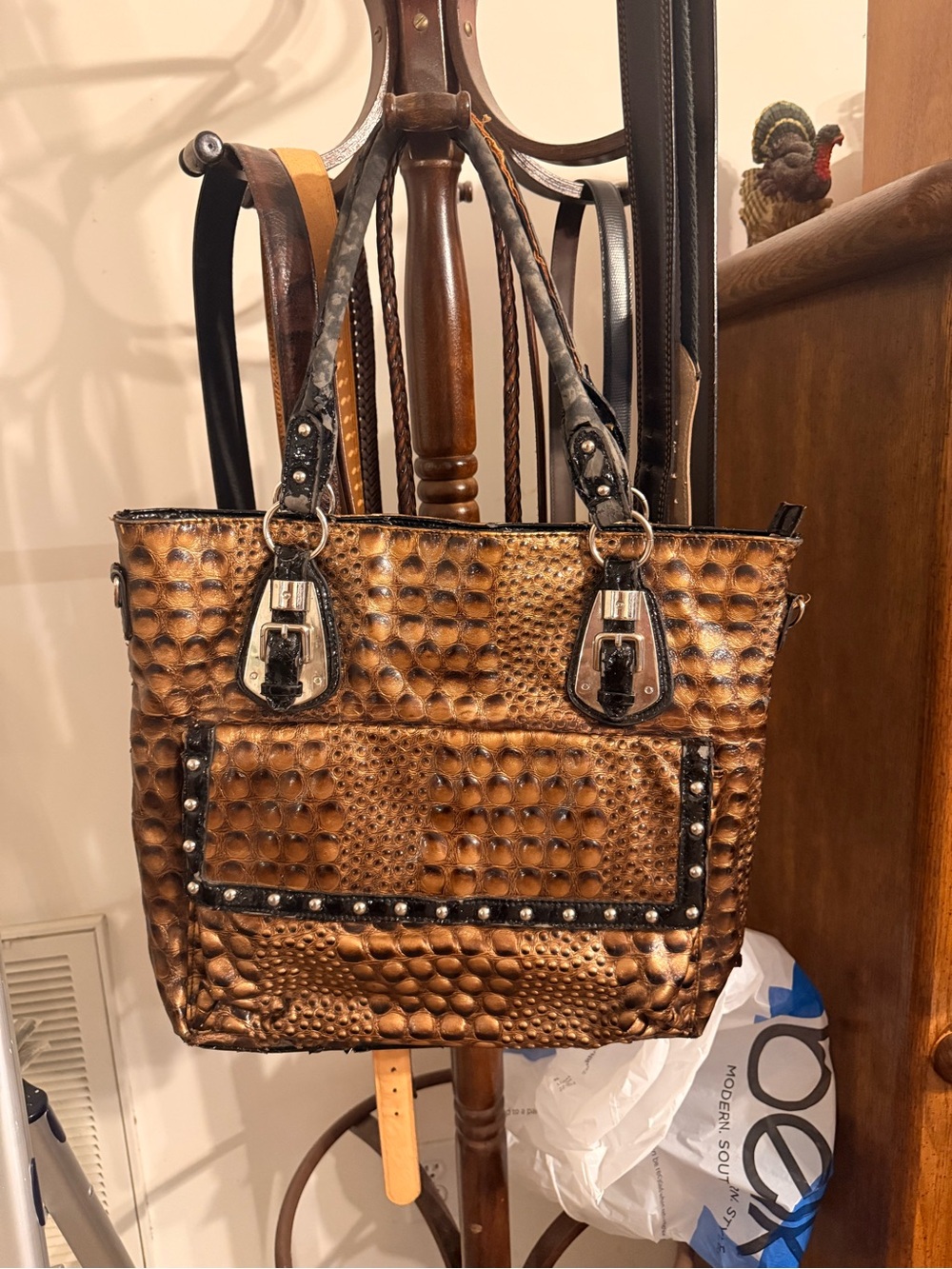 Textured Metallic Bronze Tote Bag with Stud Accents